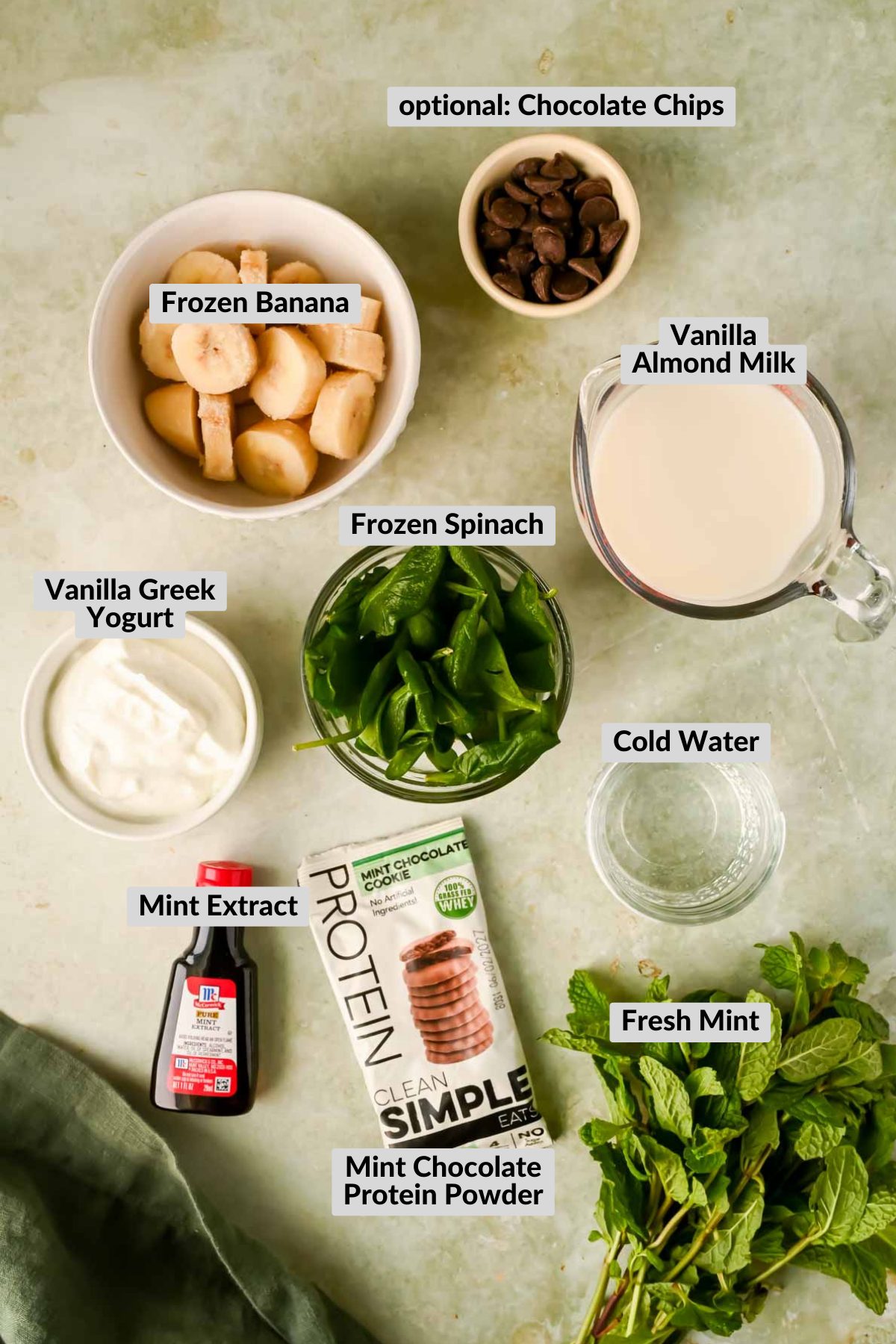 ingredients for chocolate mint smoothies in individual bowls.