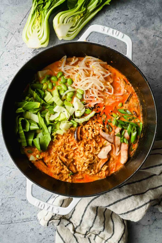 large stock pot of ramen curry ingredients before mixing together.