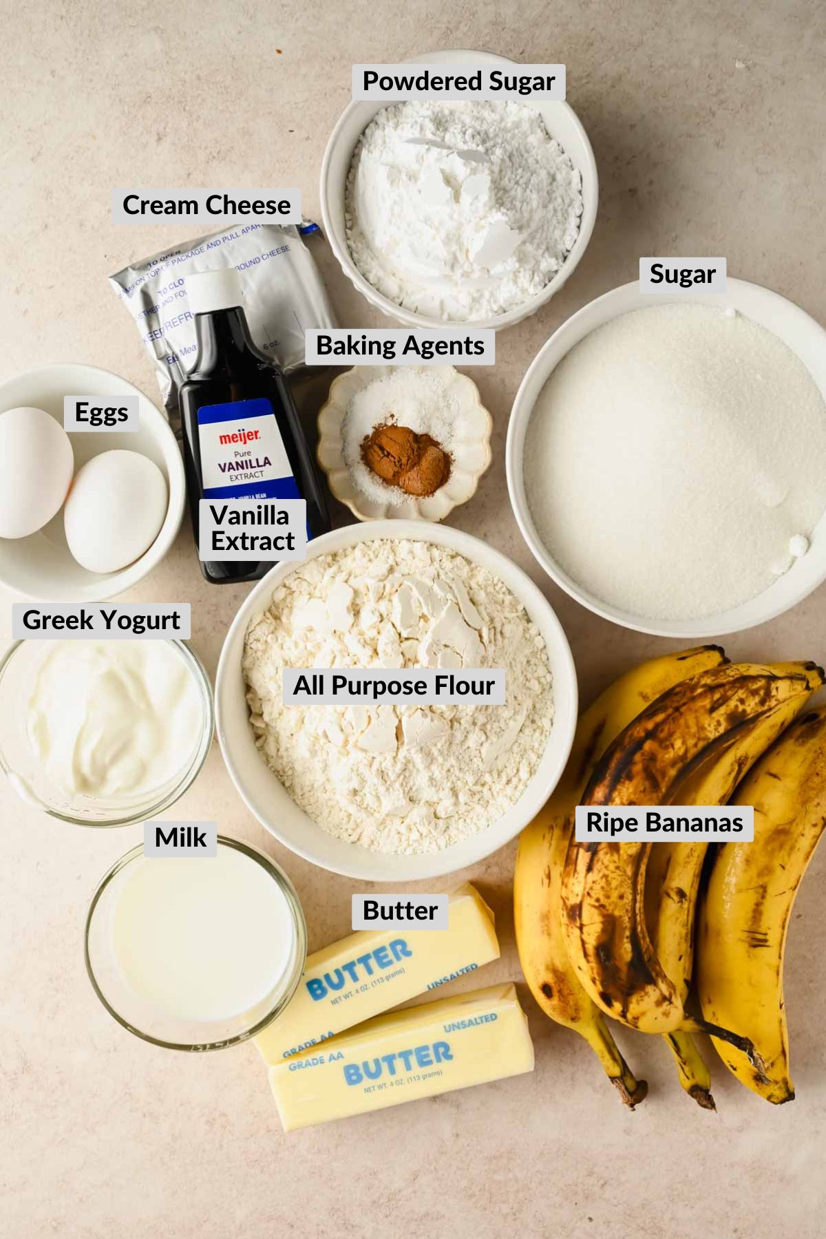 labeled ingredients for banana sheet bake in individual bowls.