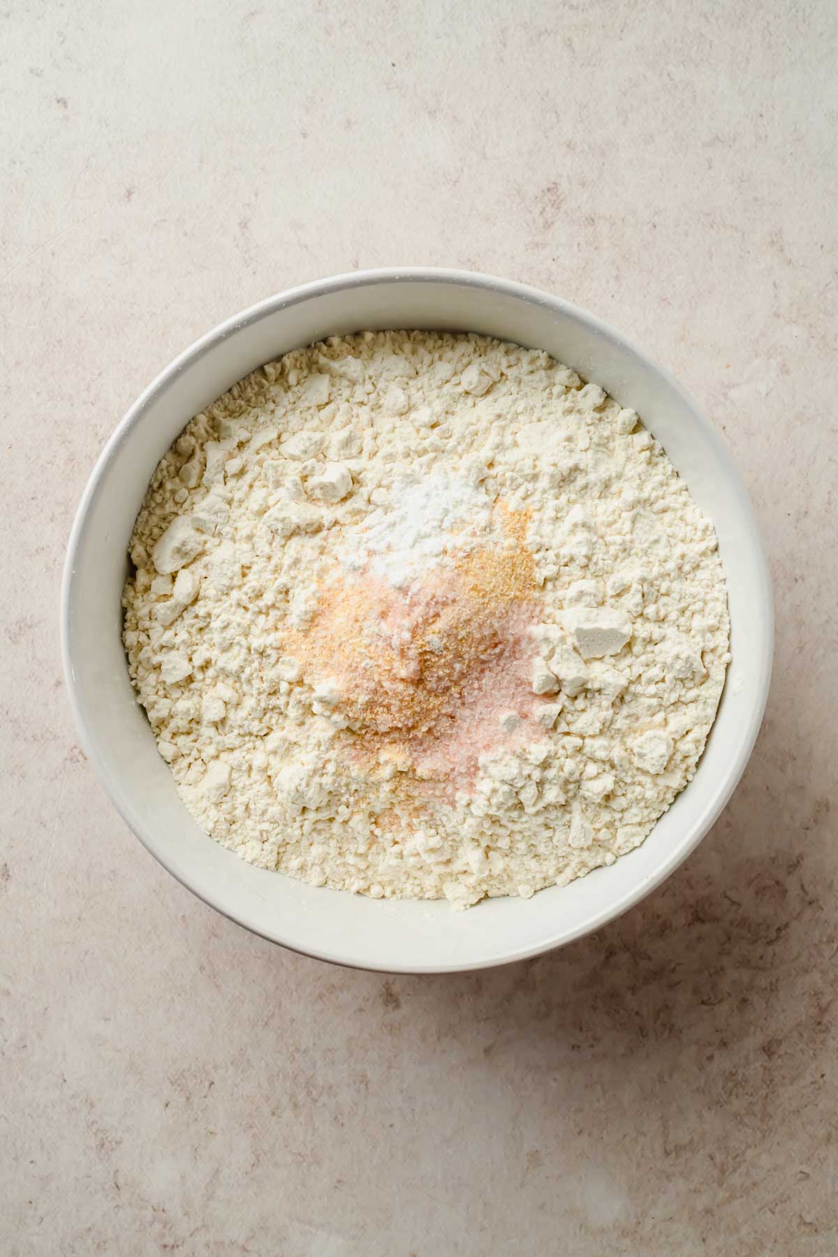 flour and spices in large white mixing bowl.