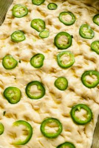 raw honey jalapeno cornbread dough in baking dish before baking.