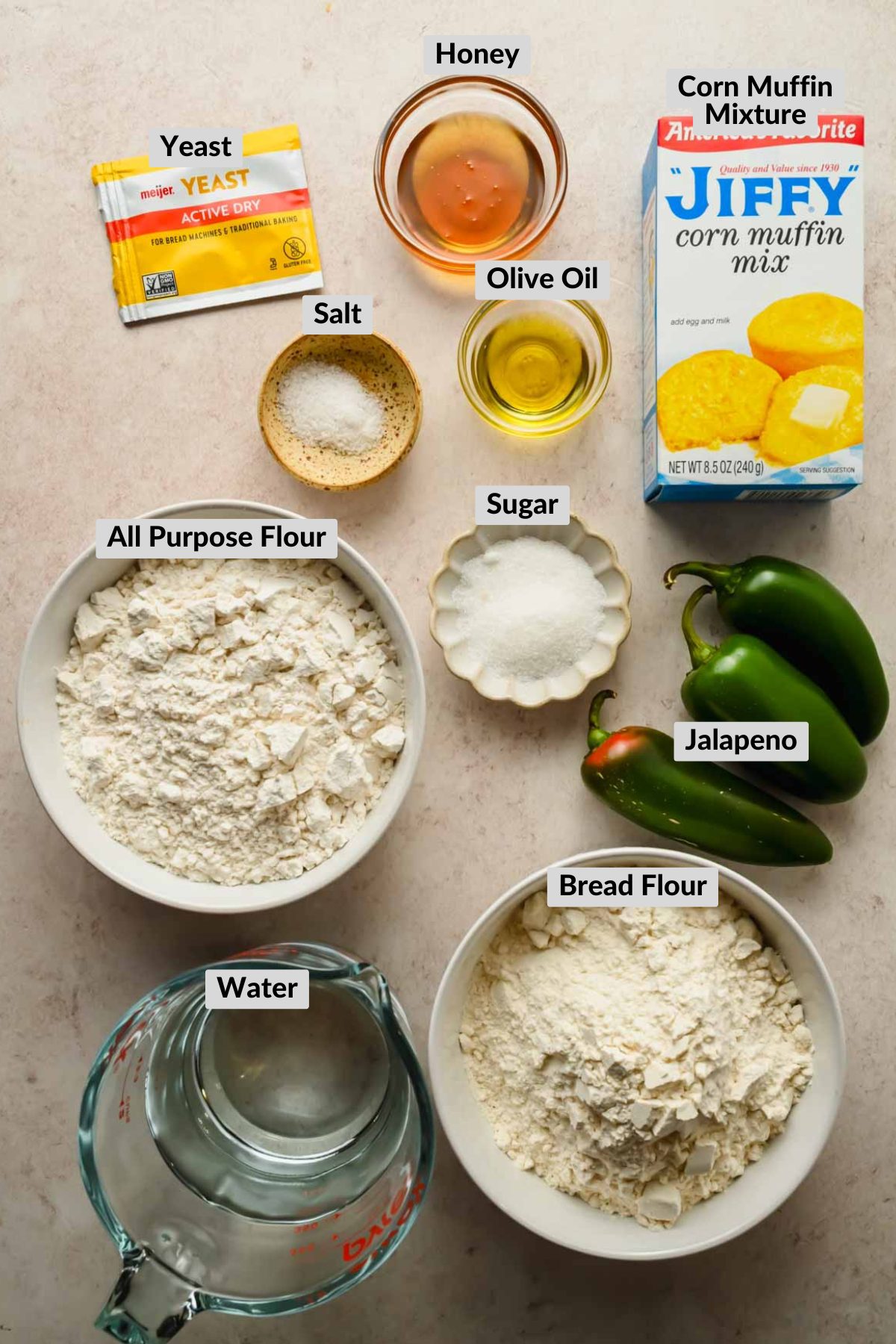 ingredients for honey jalapeno cornbread in individual bowls.