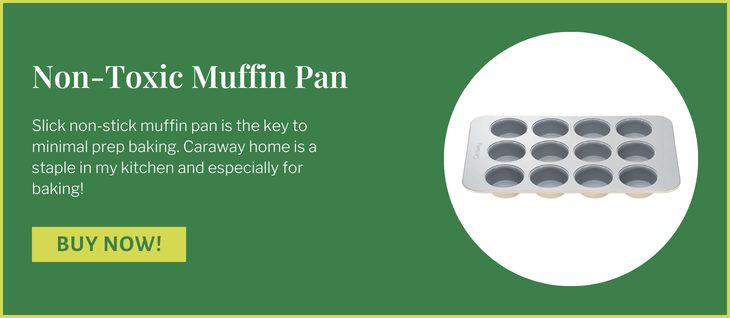 green block with white writing featuring non-stick muffin tin.