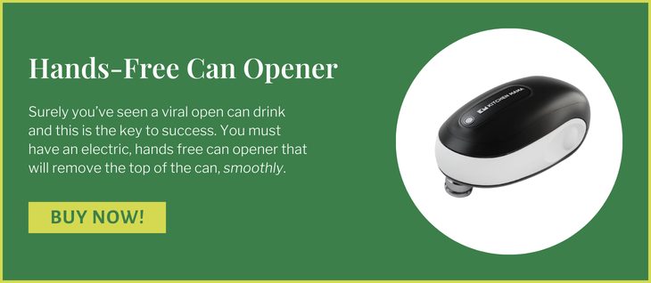 green block with white writing featuring hands free can opener.