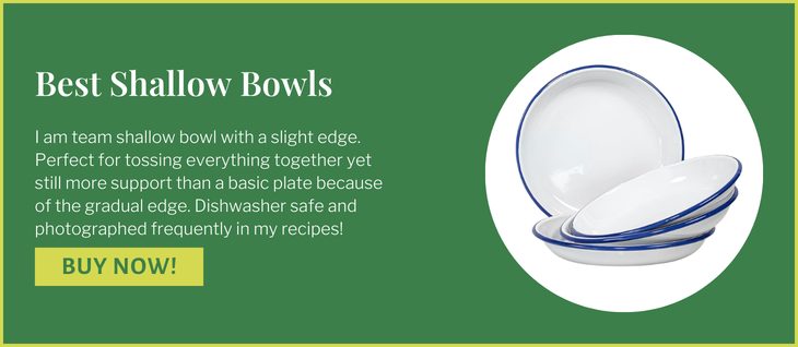 green block with white writing featuring shallow bowls.