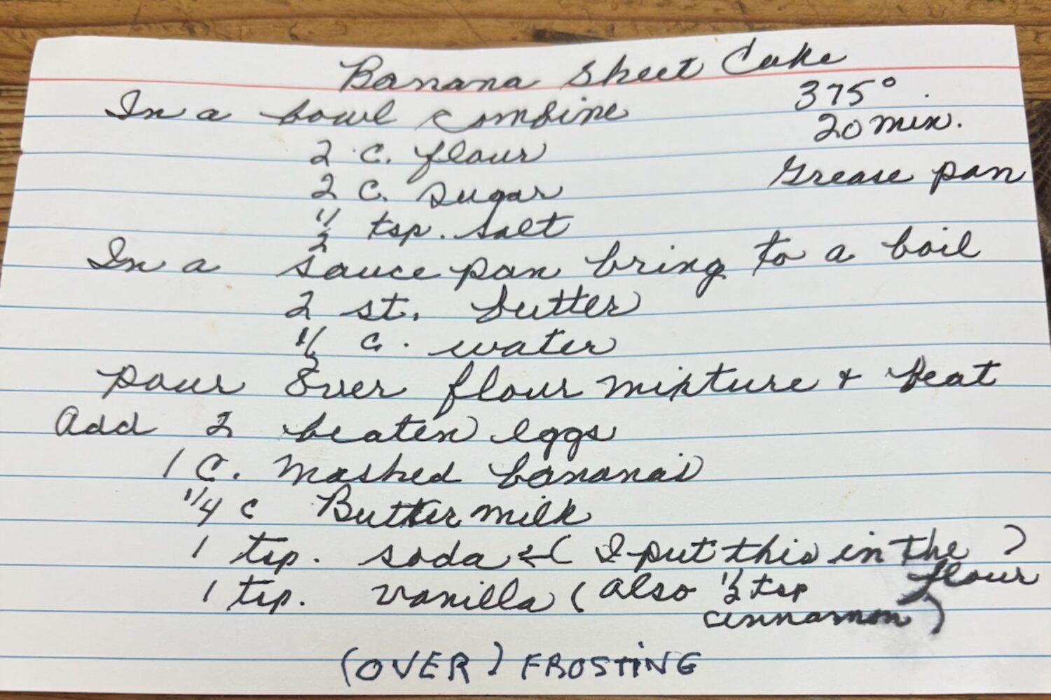 original banana sheet cake recipe in grandma's handwriting on an index card.