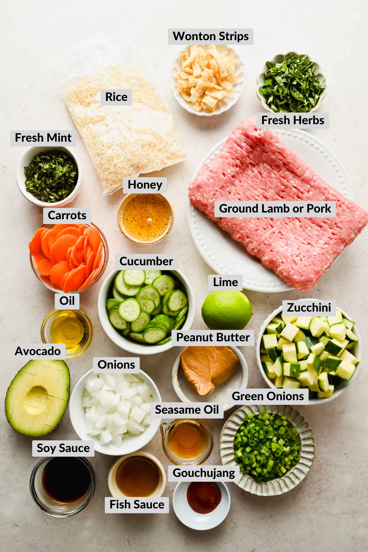 ingredients for ginger lamb stir fry in individual bowls.