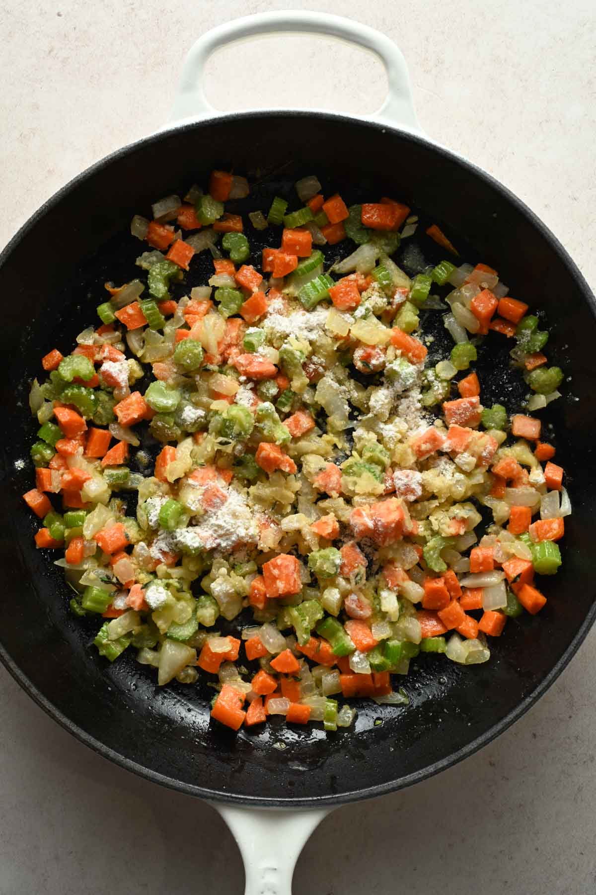 diced carrots, celery and onions in large skillet.