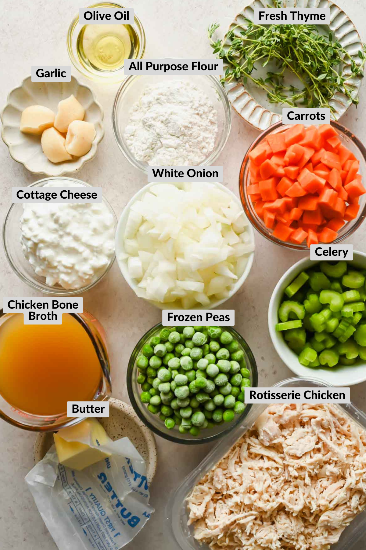 labeled ingredients for chicken pot pie skillet in individual bowls.