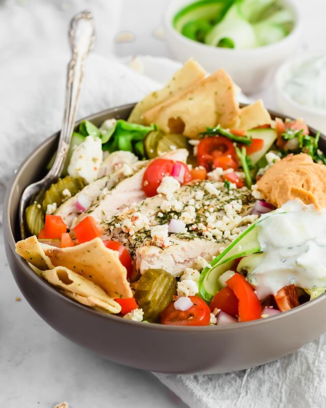 There are so many reasons why I love this salad but the main one is how FRESH it is 🥗🤩🥑 this Mediterranean Chicken Salad is loaded with ALL of the goods and great for meal prep. 
.
Check it out on the blog: https://apaigeofpositivity.com/the-best-mediterranean-salad-recipe/

#salad #feta #mediterraneandiet #macrofriendlyrecipes #dillchicken #hummuslover #mediterraneanfood